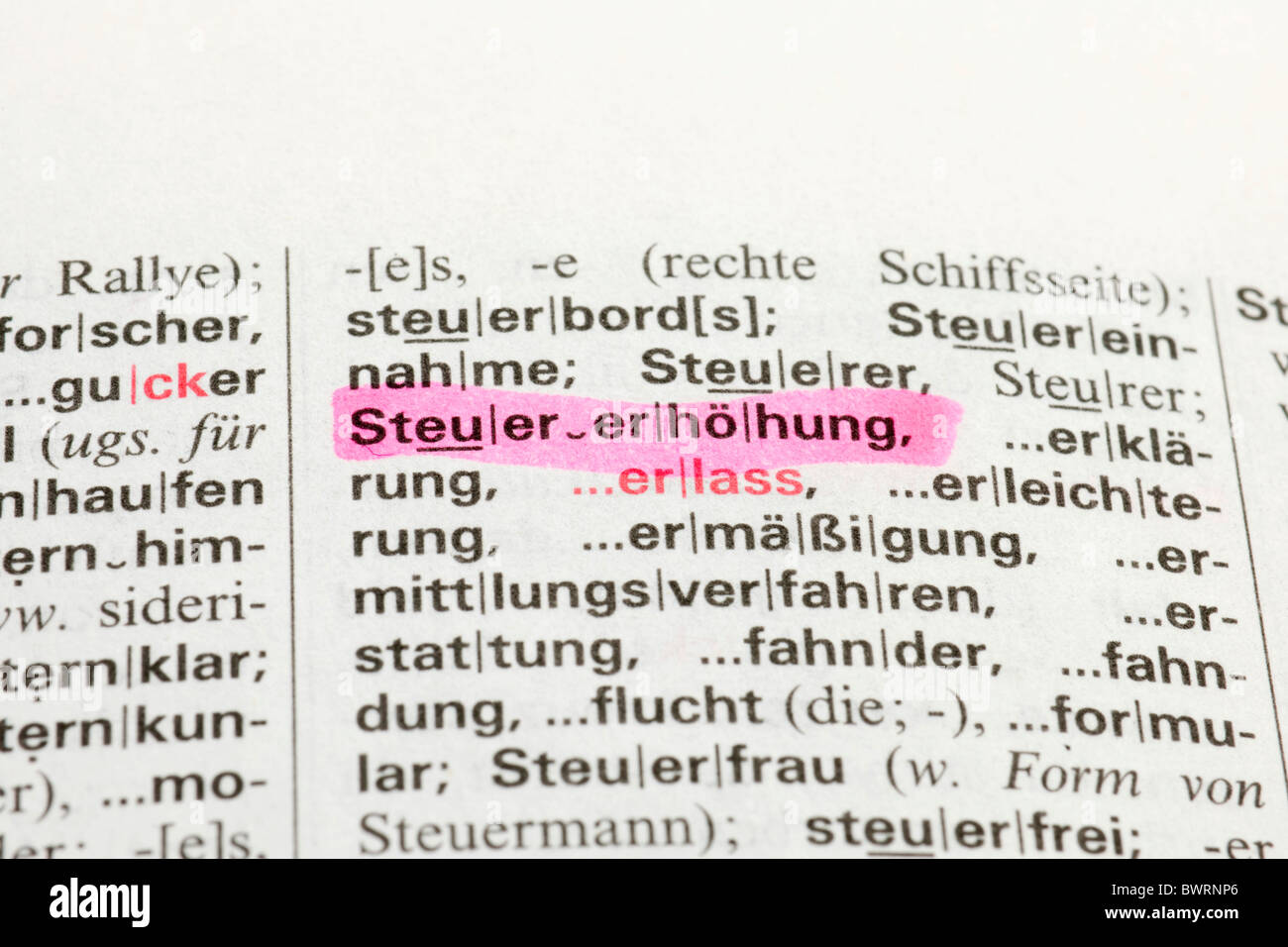 Dictionary entry, Steuererhoehung, German for tax increase Stock Photo