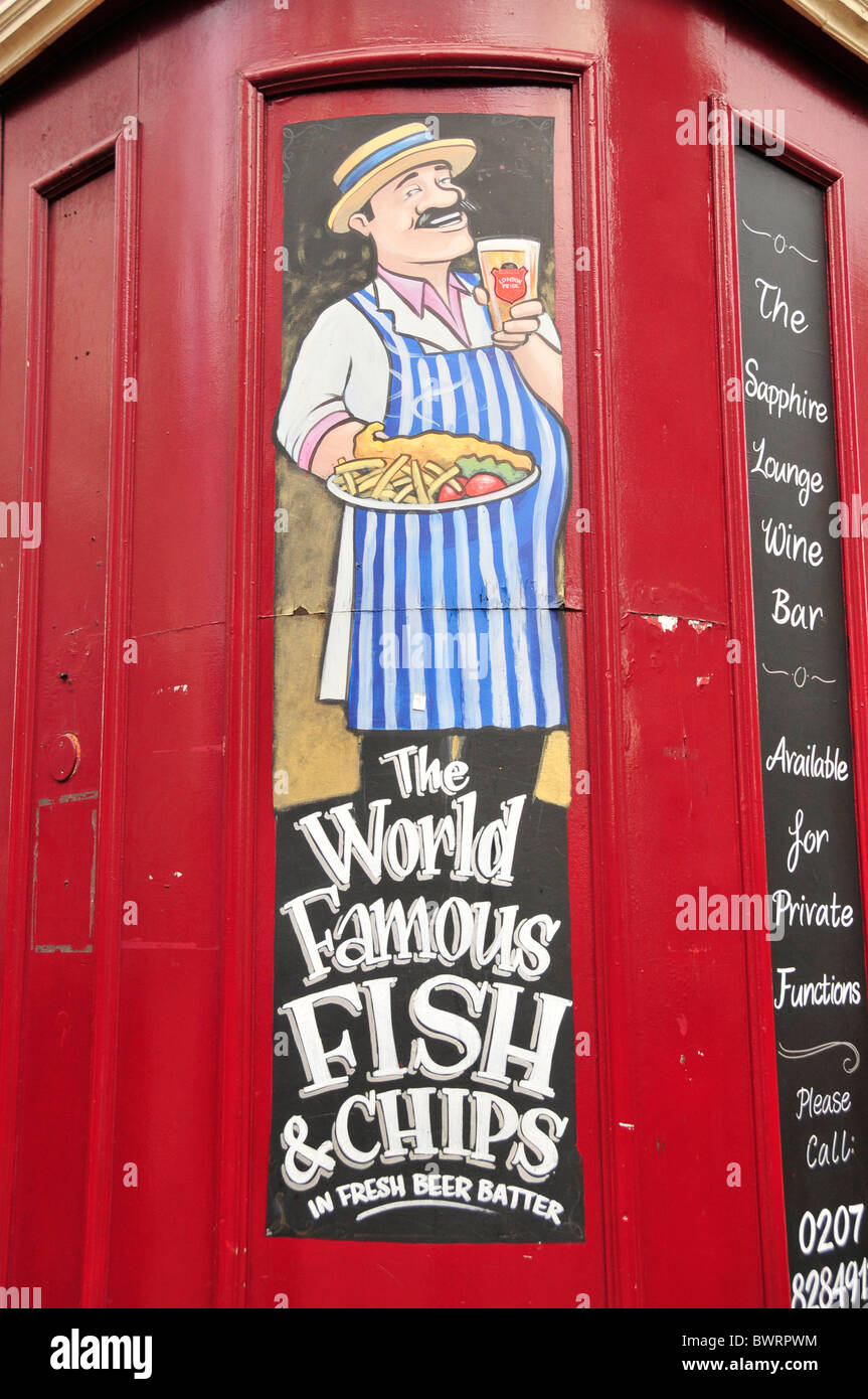 Sign 'Fish and chips' in front of the pub'The Shakespeare', London, England, United Kingdom, Europe Stock Photo