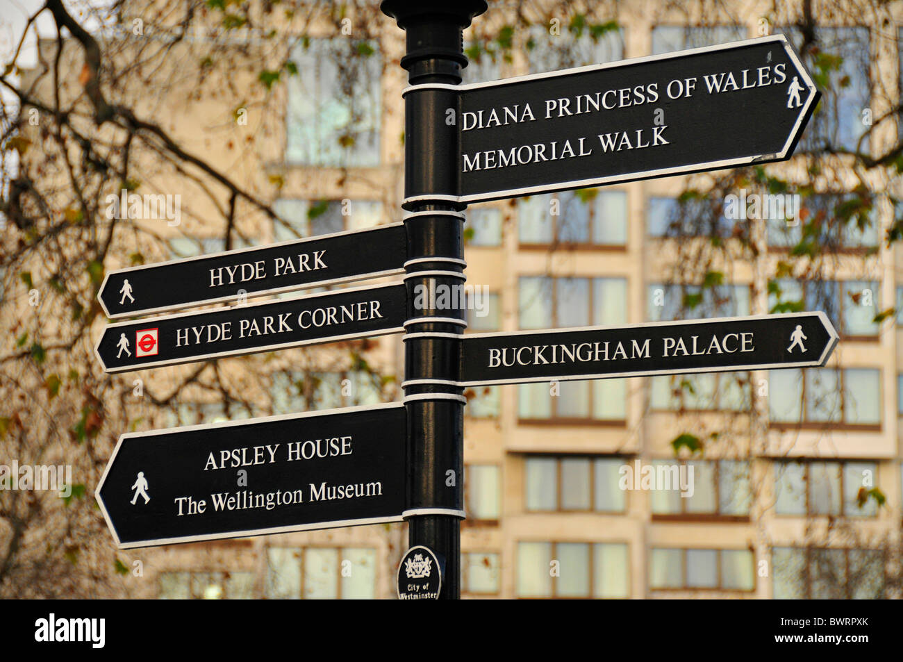 Sign 'Diana Princess of Wales Memorial Walk', near Knightsbridge, London, England, United Kingdom, Europe Stock Photo