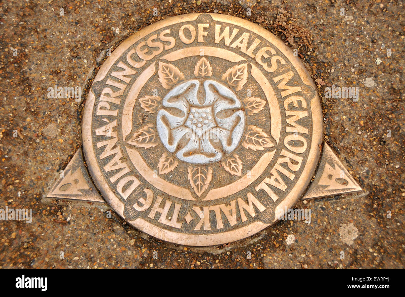 Sign embedded into the floor, 'Diana Princess of Wales Memorial Walk', near Knightsbridge, London, England, United Kingdom Stock Photo