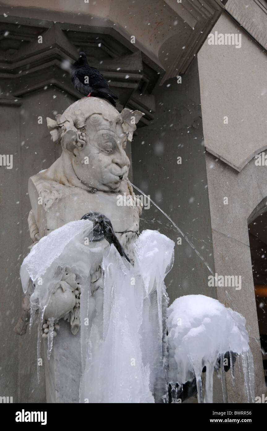 Frozen, fountains, Munich, water, Bayern, Germany, Fischer fountain, sculpture, Marienplatz, winter, winter, ice, snow, Europe, Stock Photo