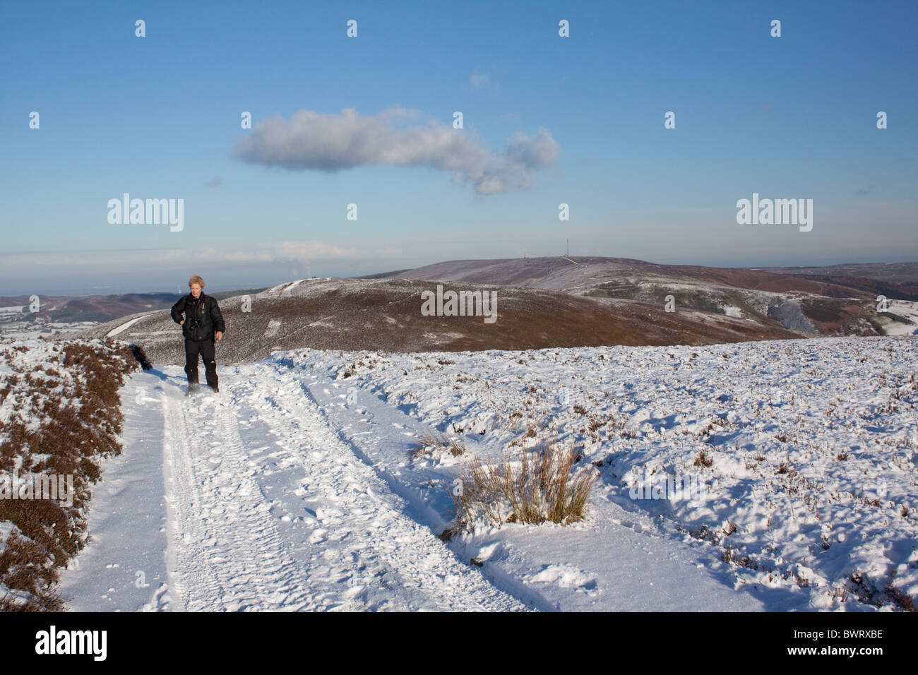 A woman walking in winter on Moel y Gamelin above Llangollen in Clwyd, North Wales Stock Photo