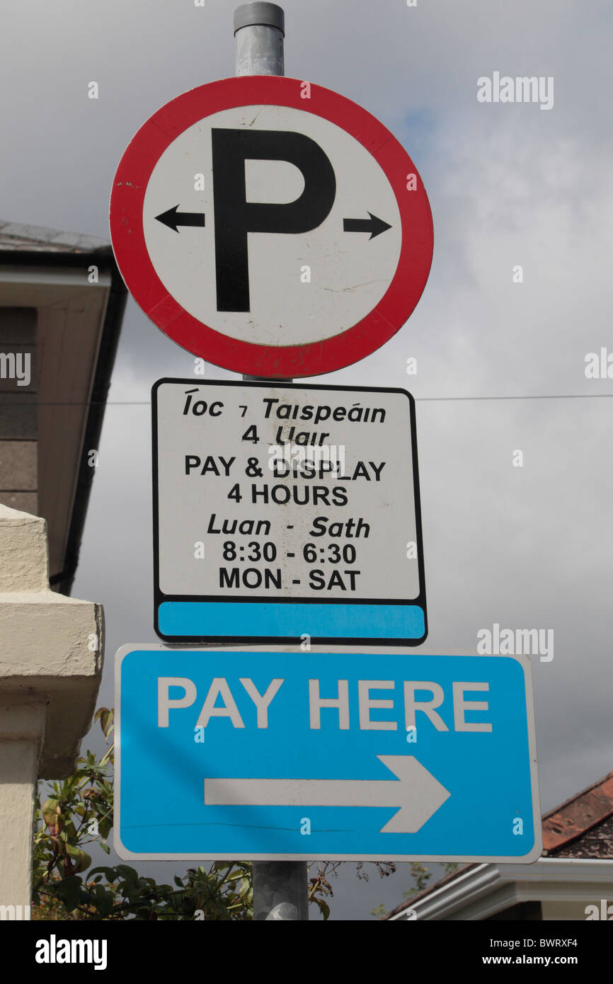 A parking 'pay and display' warning sign in Wexford Town, Co. Wexford, Ireland (Eire). Stock Photo