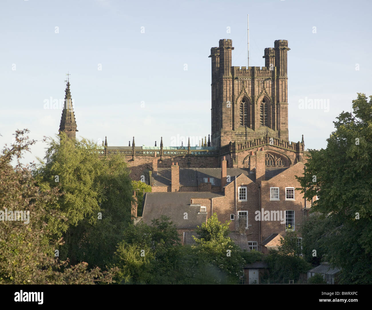 Chester Cathedral, tower from city walls Stock Photo