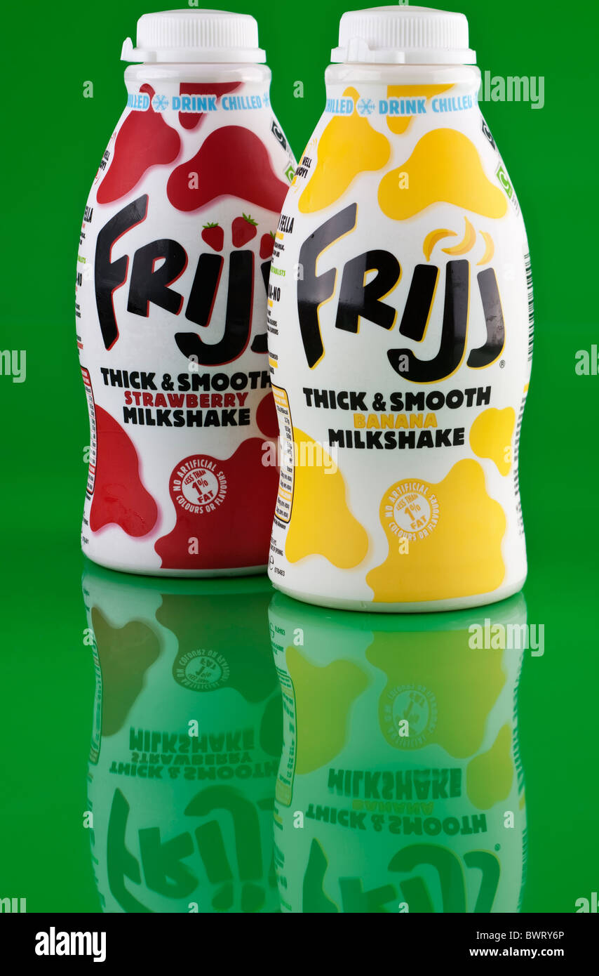 Two Friji cartons of thick milkshake Banana and Strawberry Stock Photo