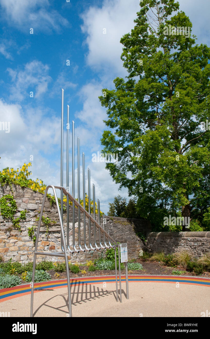 Music sculpture in castle Clitheroe a small town in Northern England with a small Norman Castle Keep in the centre of town Stock Photo