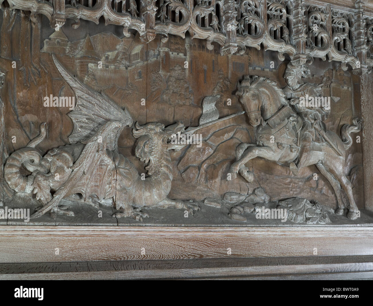 Chester Cathedral panel showinng Saint George slaying Dragon Stock Photo