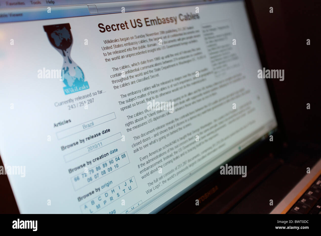 Wikileaks Website showing Secret US Embassy Cable Leaks - Editorial Use Only Stock Photo