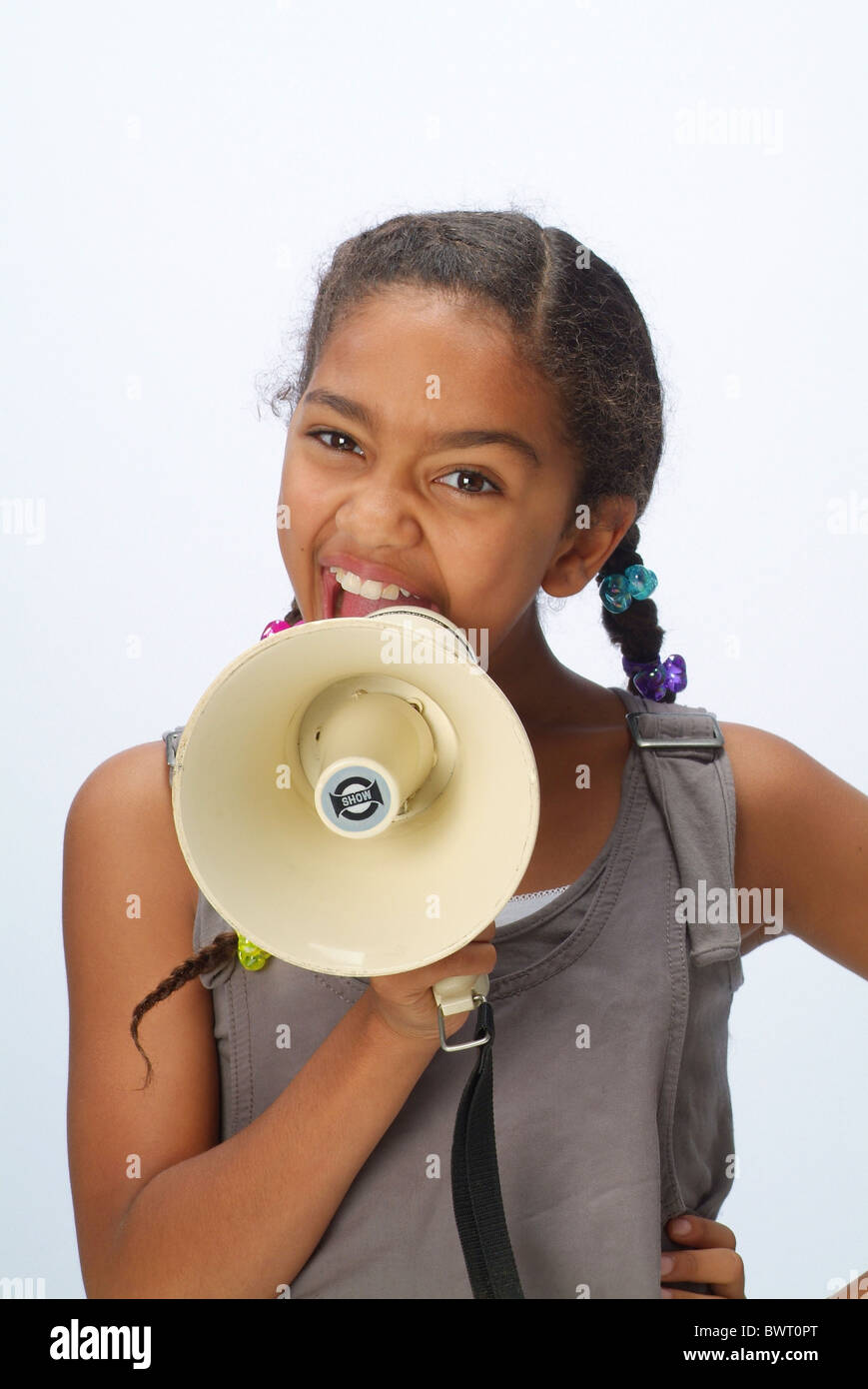 Portrait of a girl with a megaphone Stock Photo