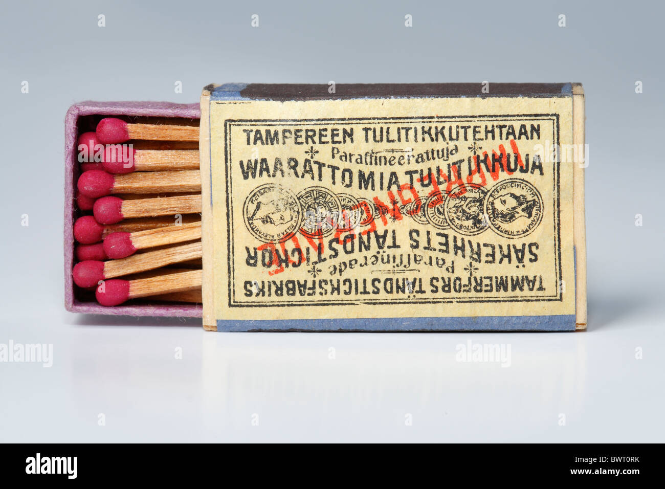 Old box of safety matches manufactured in Tampere Finland in 19th century Stock Photo