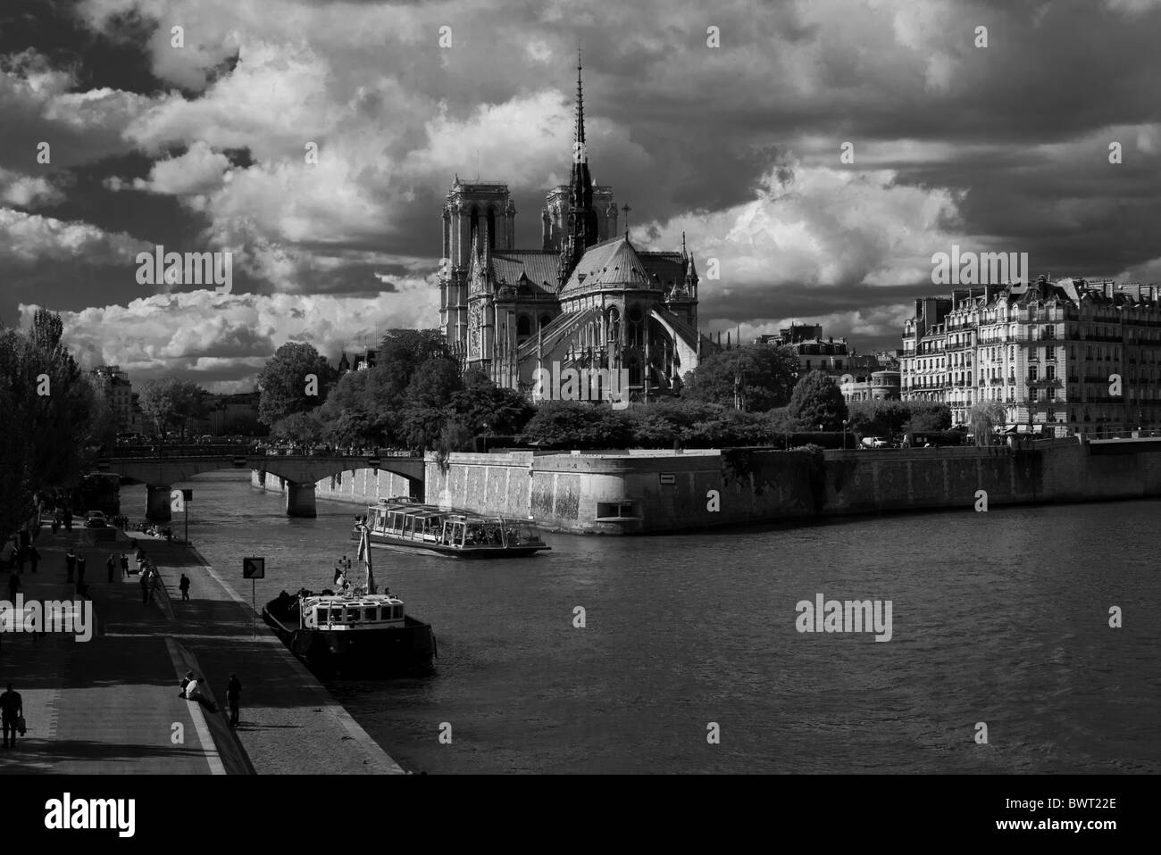high contrast black and white view of Notre Dame de Paris Cathedral in France on Île de la Cité Stock Photo