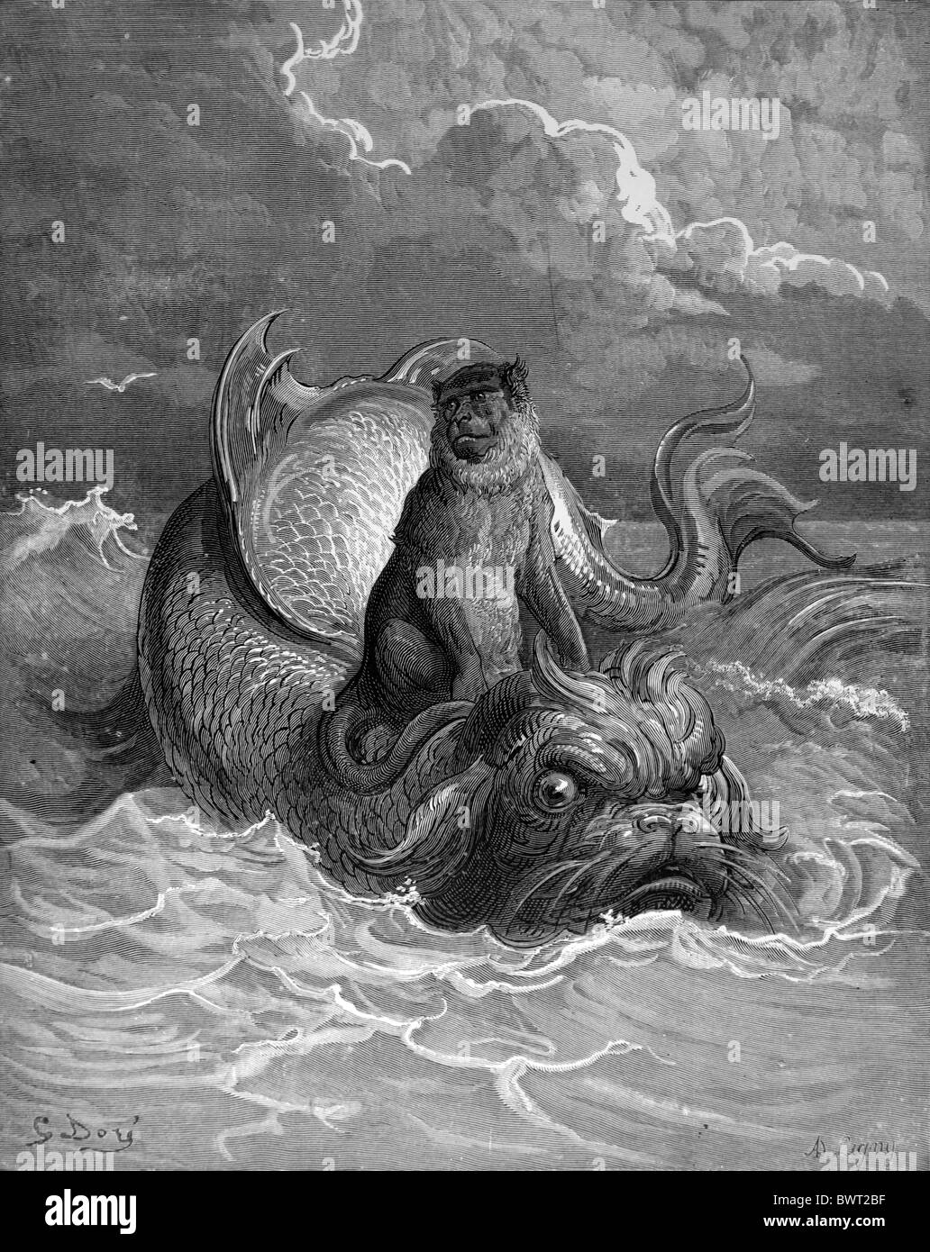 Gustave Doré; The Monkey and the Dolphin from Jean de la Fontaine's Fables; Black and White Engraving Stock Photo