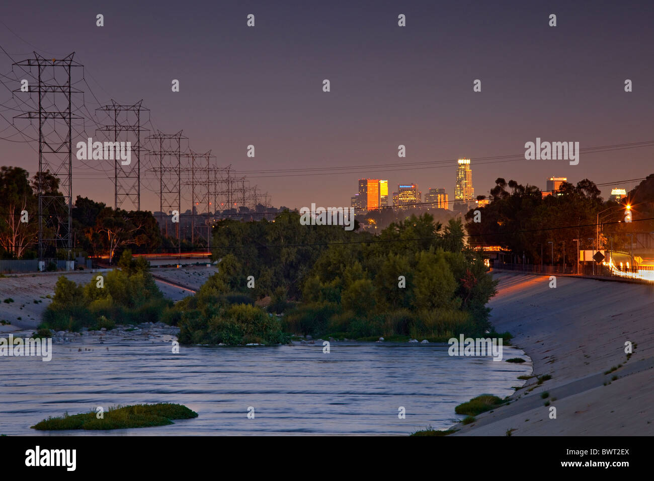 Glendale Narrows at the Los Angeles River with the downtown skyline in the background. Los
