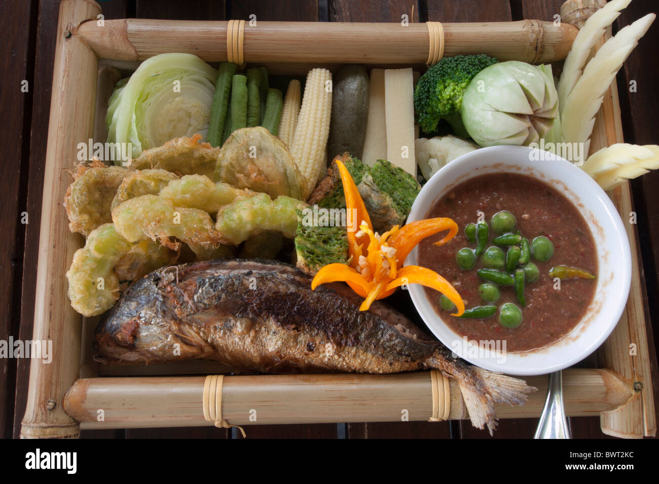 Shrimp Chillie Paste Served with Pan Fried Mackerel and Vegetables Stock Photo