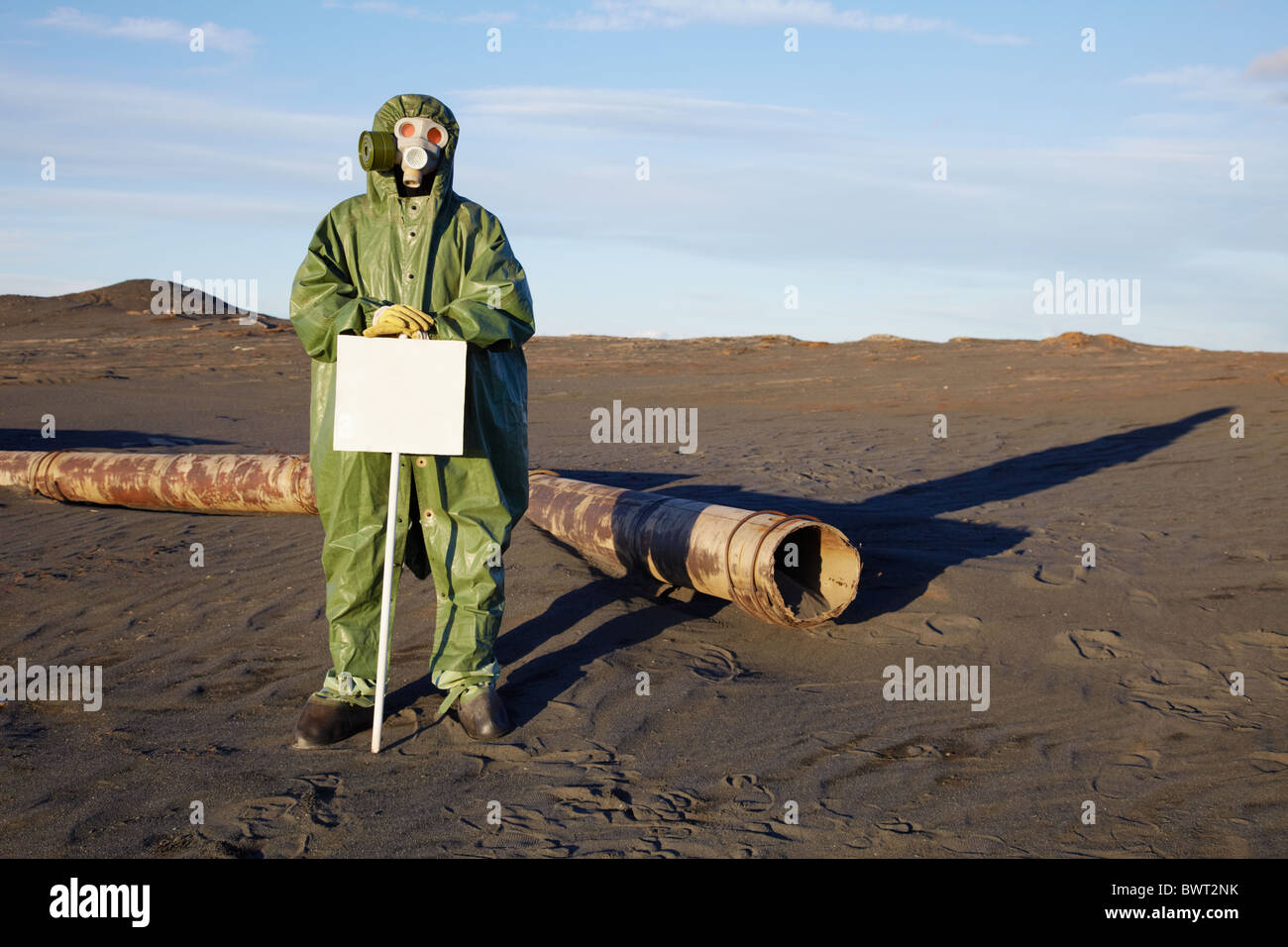 The scientist puts warning tablets in an infection zone Stock Photo