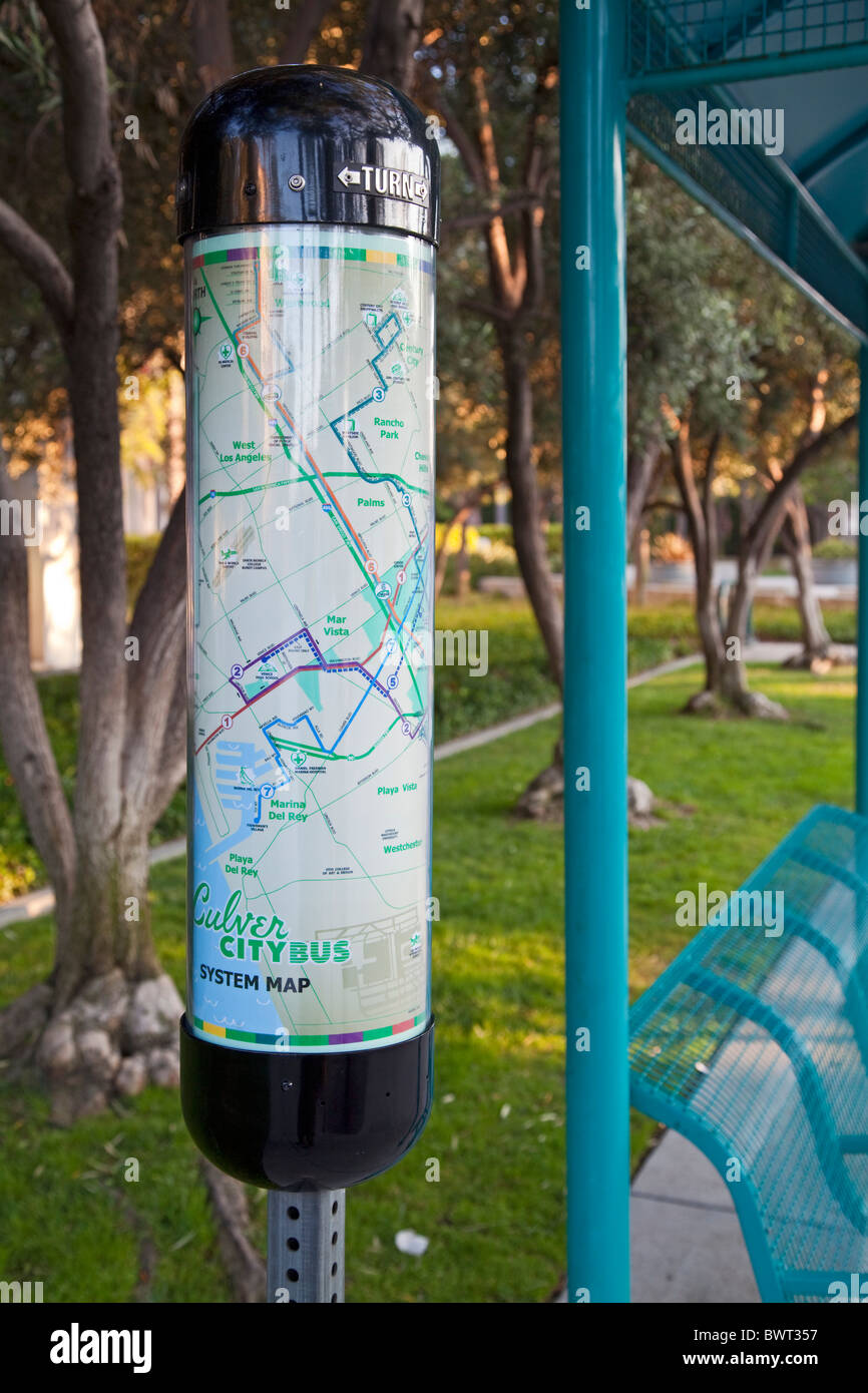 Bus map at bus stop On Culver Boulevard in Culver City, Los Angeles, california, USA Stock Photo