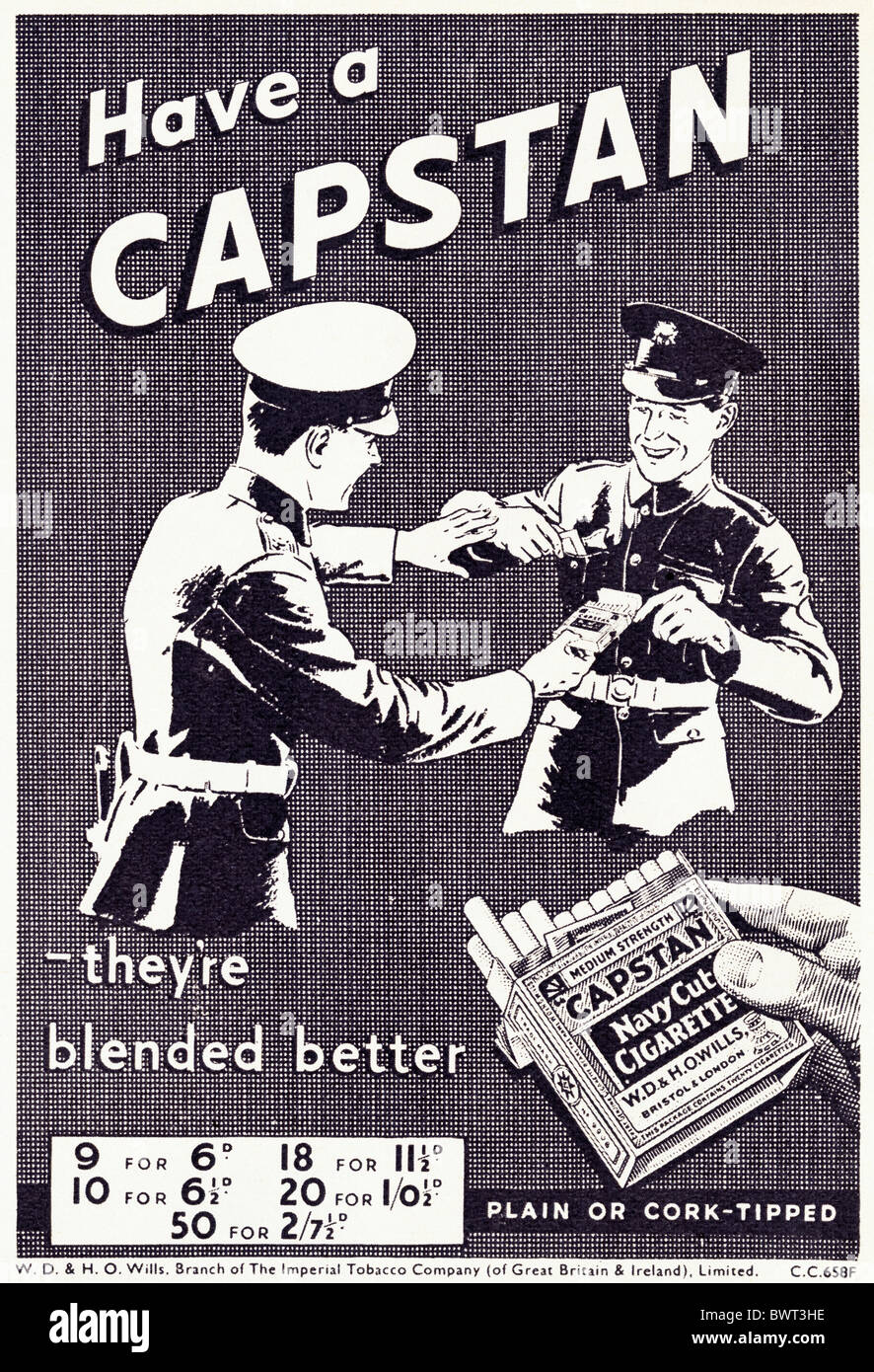20thcentury black and white magazine advert for Capstan cigarettes circa 1939 Stock Photo