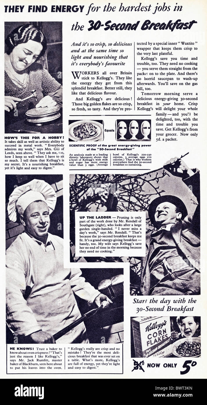 Black and white magazine advert for Kellogg's Corn Flakes breakfast cereal circa 1939 Stock Photo