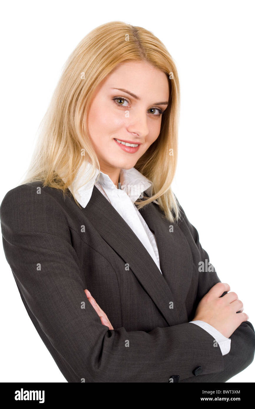 Portrait of pretty female smiling at camera on white background Stock ...