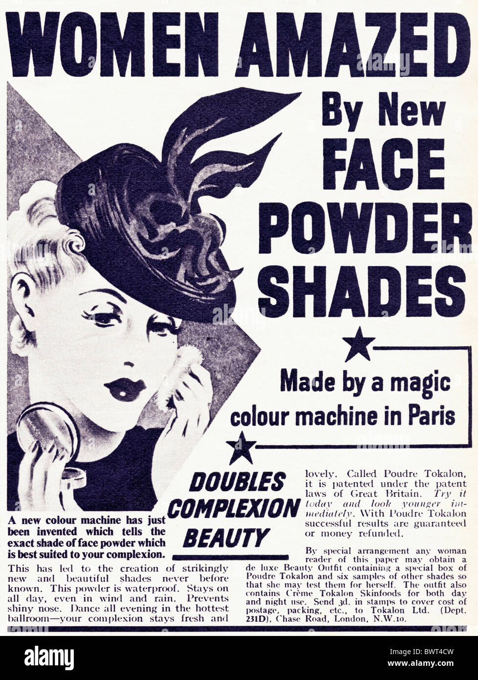 Black and white magazine advert for Poudre Tokalon face powder circa 1939 Stock Photo