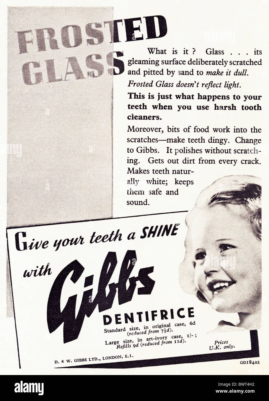 Black and white magazine advert for Gibbs Dentifrice toothpaste circa