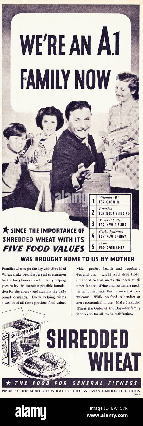 Black and white magazine advert for Shredded Wheat circa 1939 Stock Photo