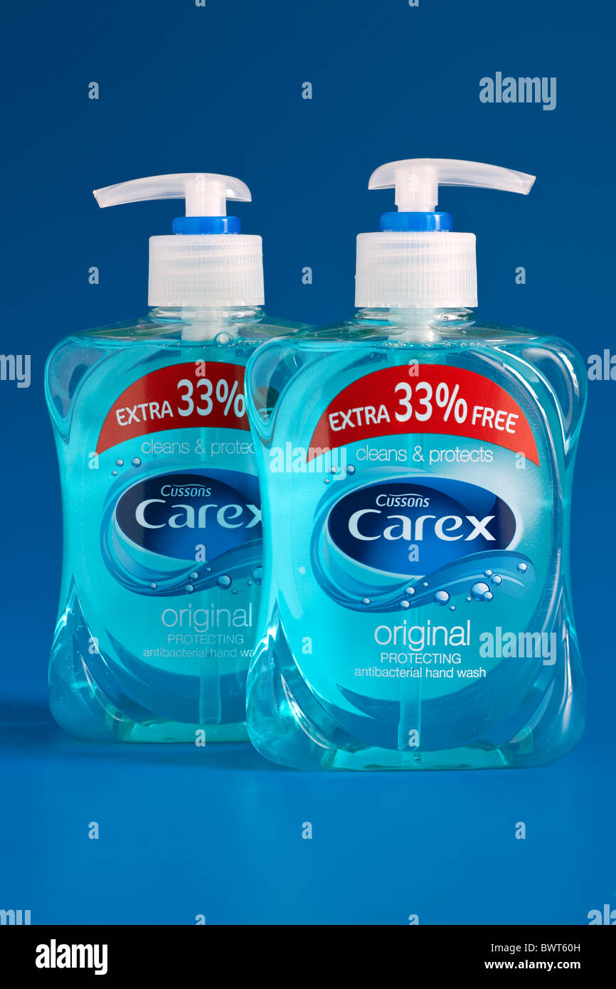 Two containers of Cussons Carex antibacterial hand wash Stock Photo