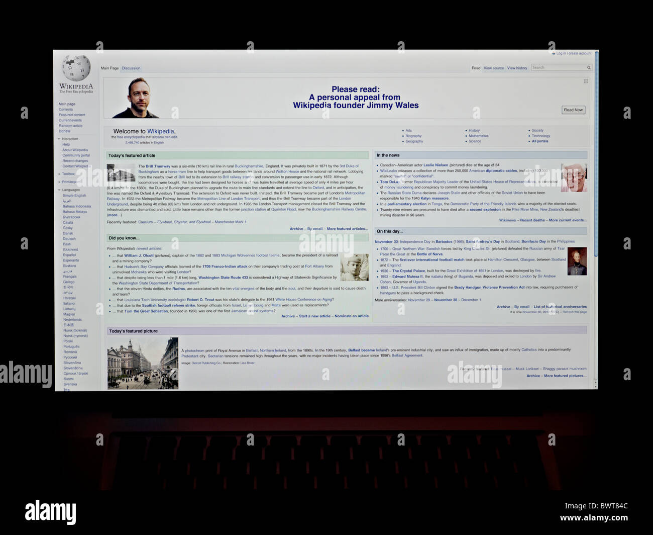 Photograph of the Wikipedia website on a laptop. FOR EDITORIAL USE ONLY