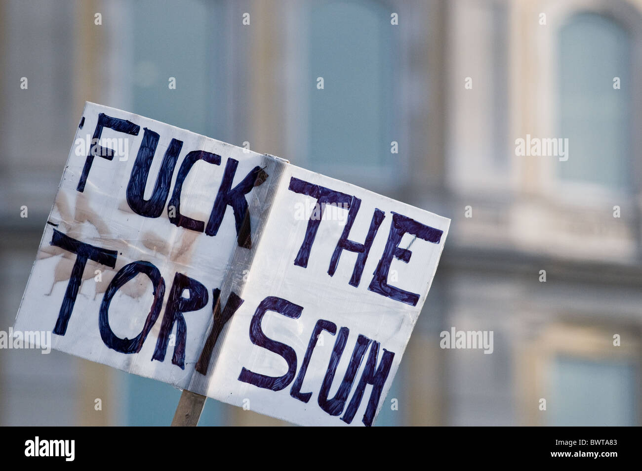 A placard protesting against the Conservative party. Stock Photo