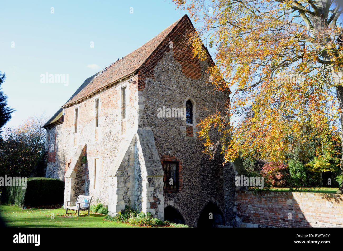 Greyfriars Chapel, part of the old Franciscan Friary, built astride the River Stour in Canterbury. Stock Photo