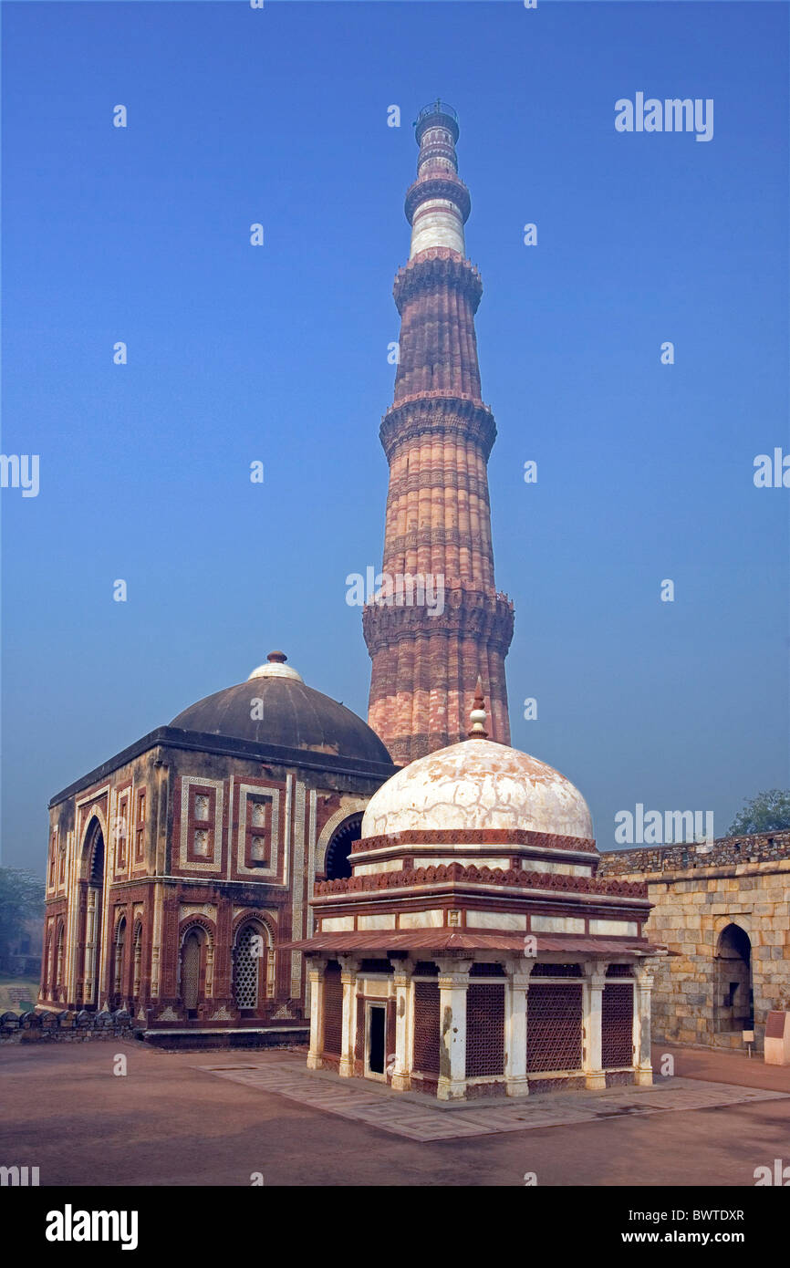 India New Delhi city Qutb complex Qutub Minar minaret brick architecture Alai gate Asia travel January 2008 Q Stock Photo