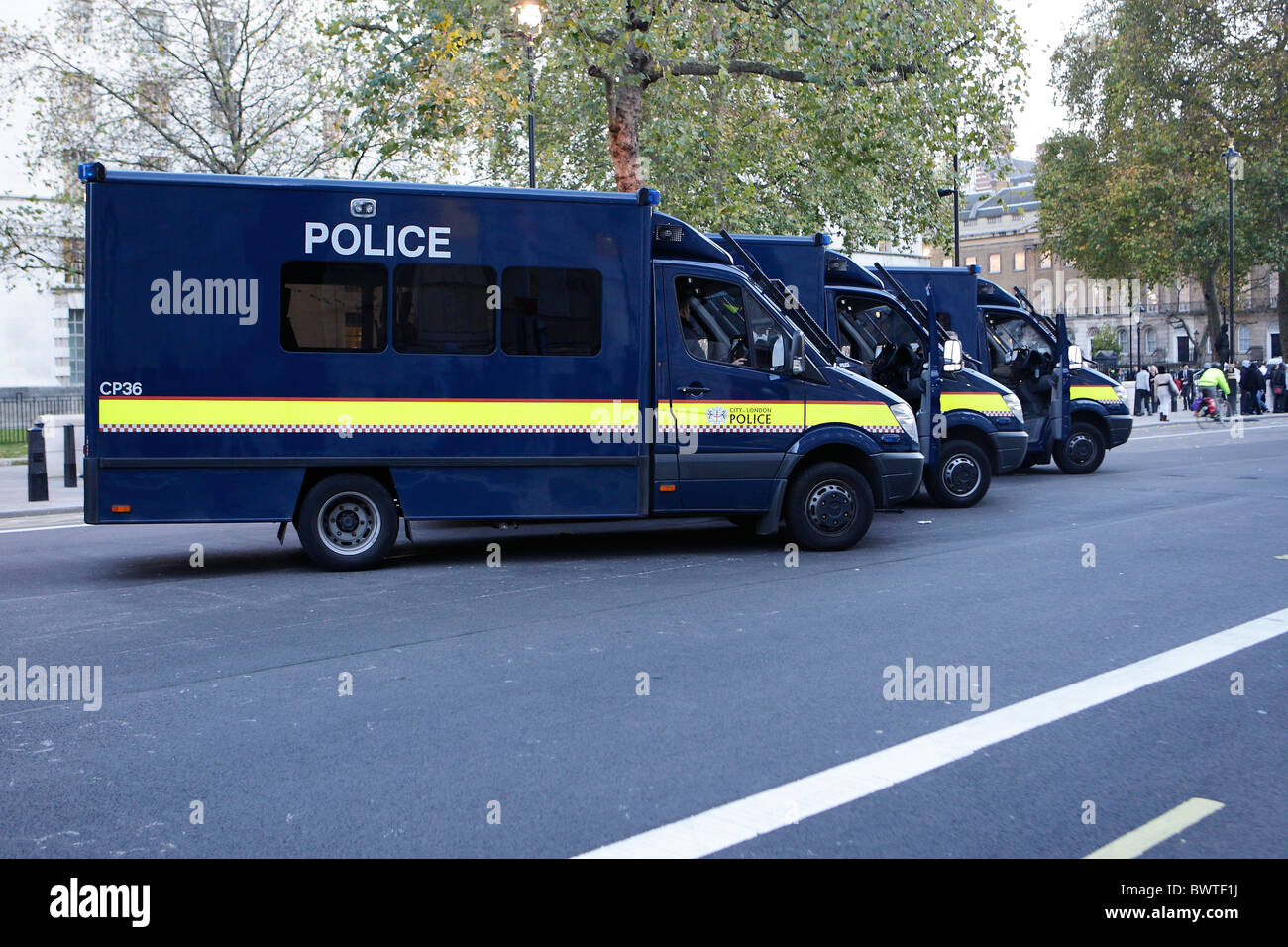 City of London Police riot vans lined up in Whitehall Stock Photo