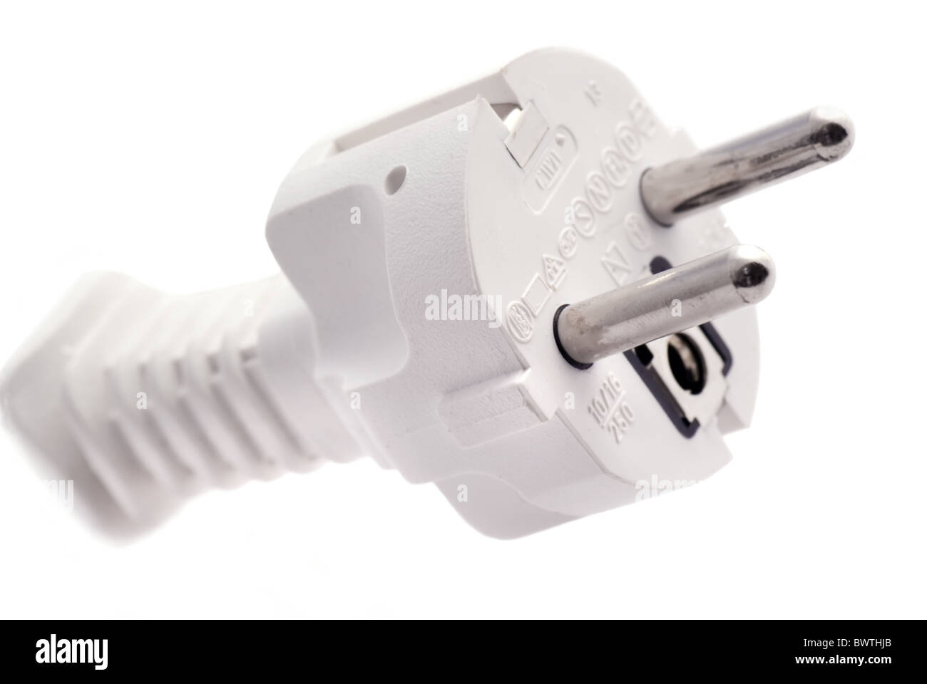 White Central European power plug as closeup on white background Stock Photo