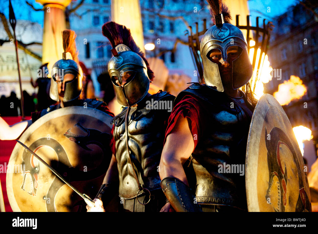 Greek sentries pose for a portrait at the world premiere of 'The Clash of the Titans,' a remake of the 1981 film, at Empire Stock Photo