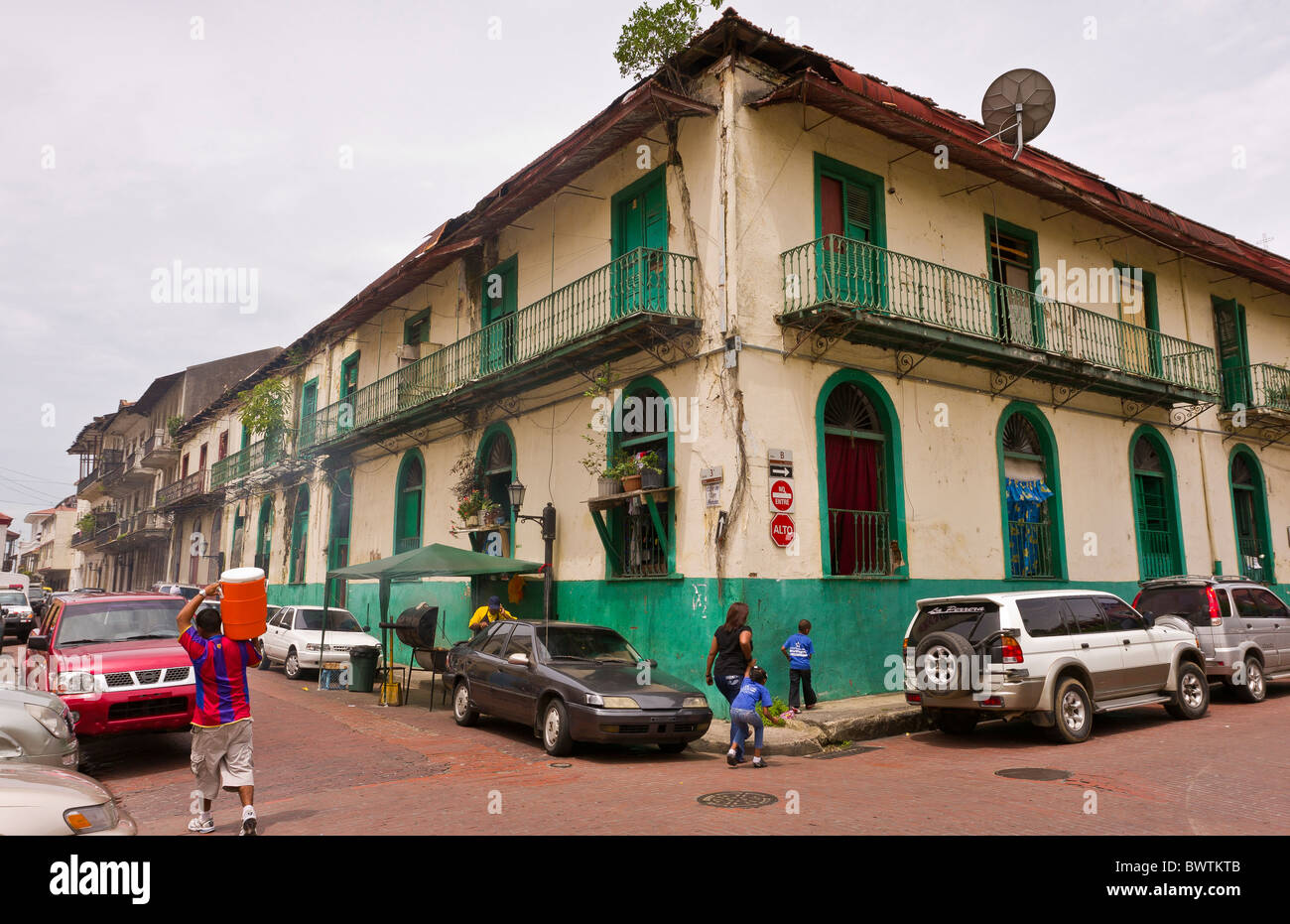 PANAMA CITY, PANAMA - People at street corner, Casco Viejo, historic city center. Stock Photo