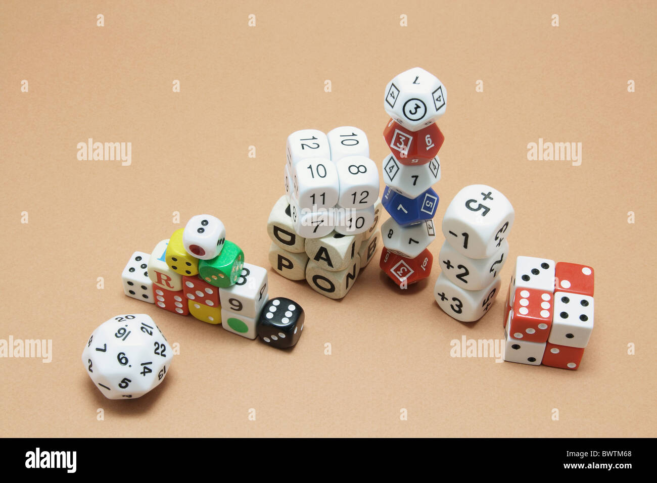 Stacks of Assorted Dice Stock Photo
