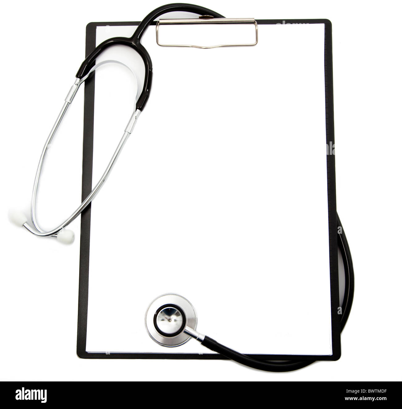 Medical stethoscope and blank clipboard Stock Photo