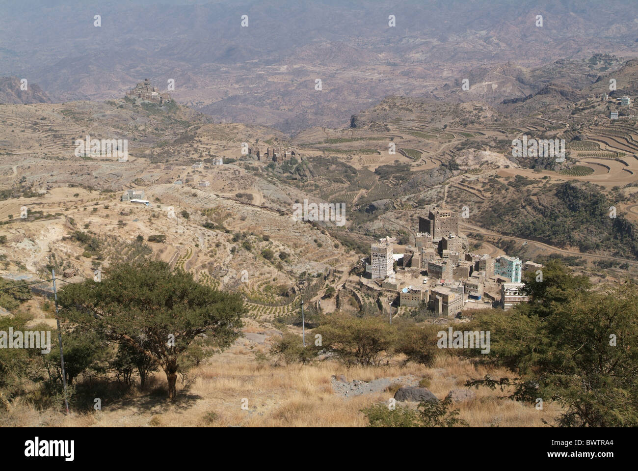 Yemen Bani Murra view to Al-Khutayb Arabic Arabian Arab travel landscape mountain mountains village village Stock Photo