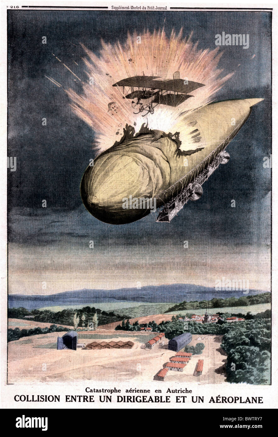 Le Petit Journal magazine cover 1914 World War I WW1 aeroplane balloon airforce fight Collision illustratio Stock Photo