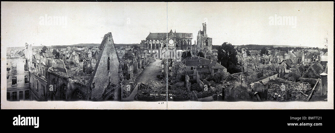 Amiens France Europe 1919 World War I WW1 destroyed town ruins historical historic history town city Stock Photo