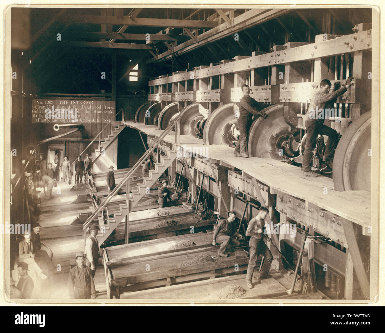 Industry Clean up day Deadwood Terra Gold Stamp Mill Dakota USA America United States North America 1888 Phot Stock Photo