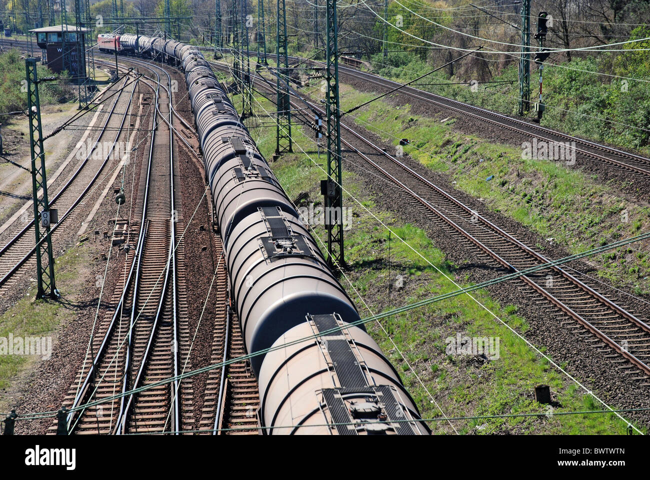 Railway Railroad Cargo Deutsche Bahn AG Germany Europe electricity energy Europe moving journey locomotion Stock Photo