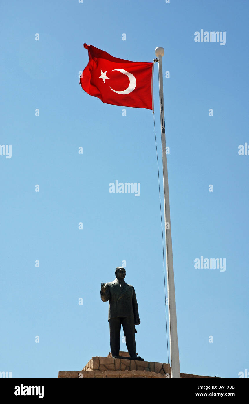 Turkey monument Anatolia Asia flag flags flagpole crescent half moon Kemal Ataturk Mardin nation national Stock Photo