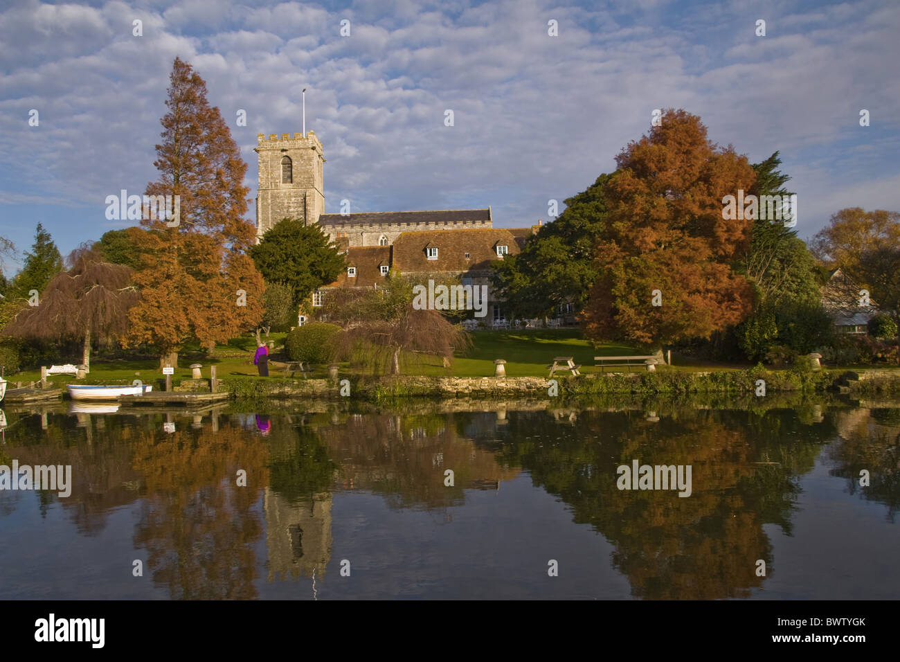 Autumn Autumnal Blue Sky Blue Boat Boats Britain British Building Buildings Church Churches Cloud Clouds Cloudy Country Dorset Stock Photo
