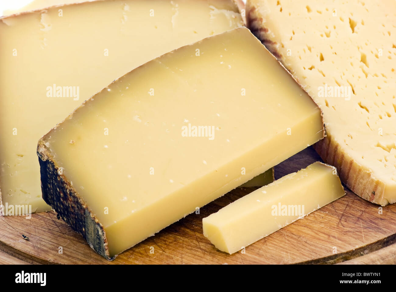 Mountain cheese colletion as closeup on a chopping board Stock Photo