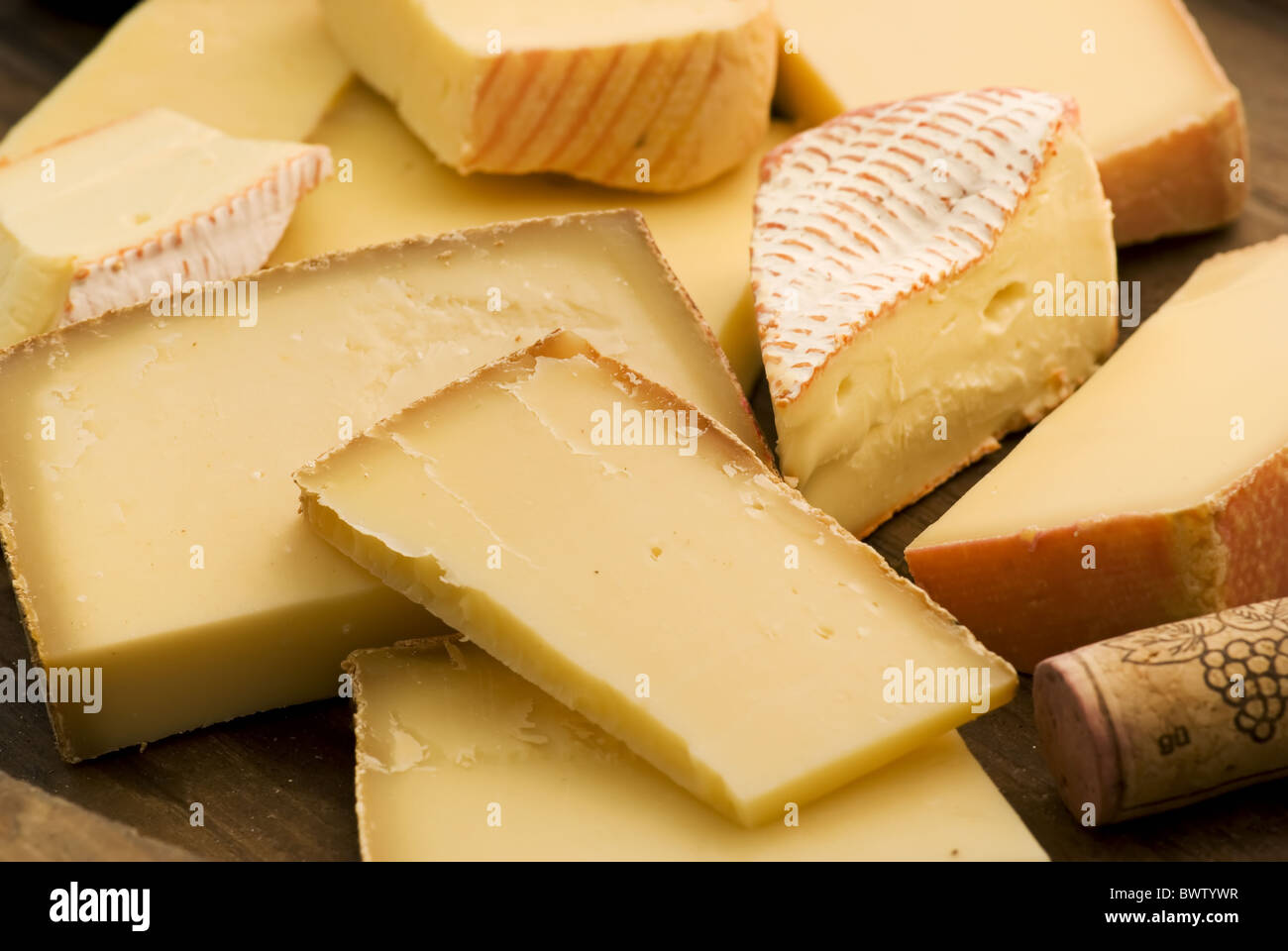 Mountain cheese collection as closeup on a platter Stock Photo