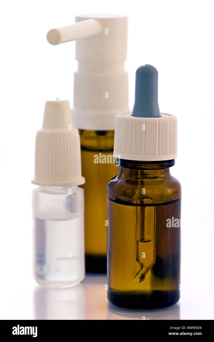 Nose drops and spray as closeup on white background Stock Photo
