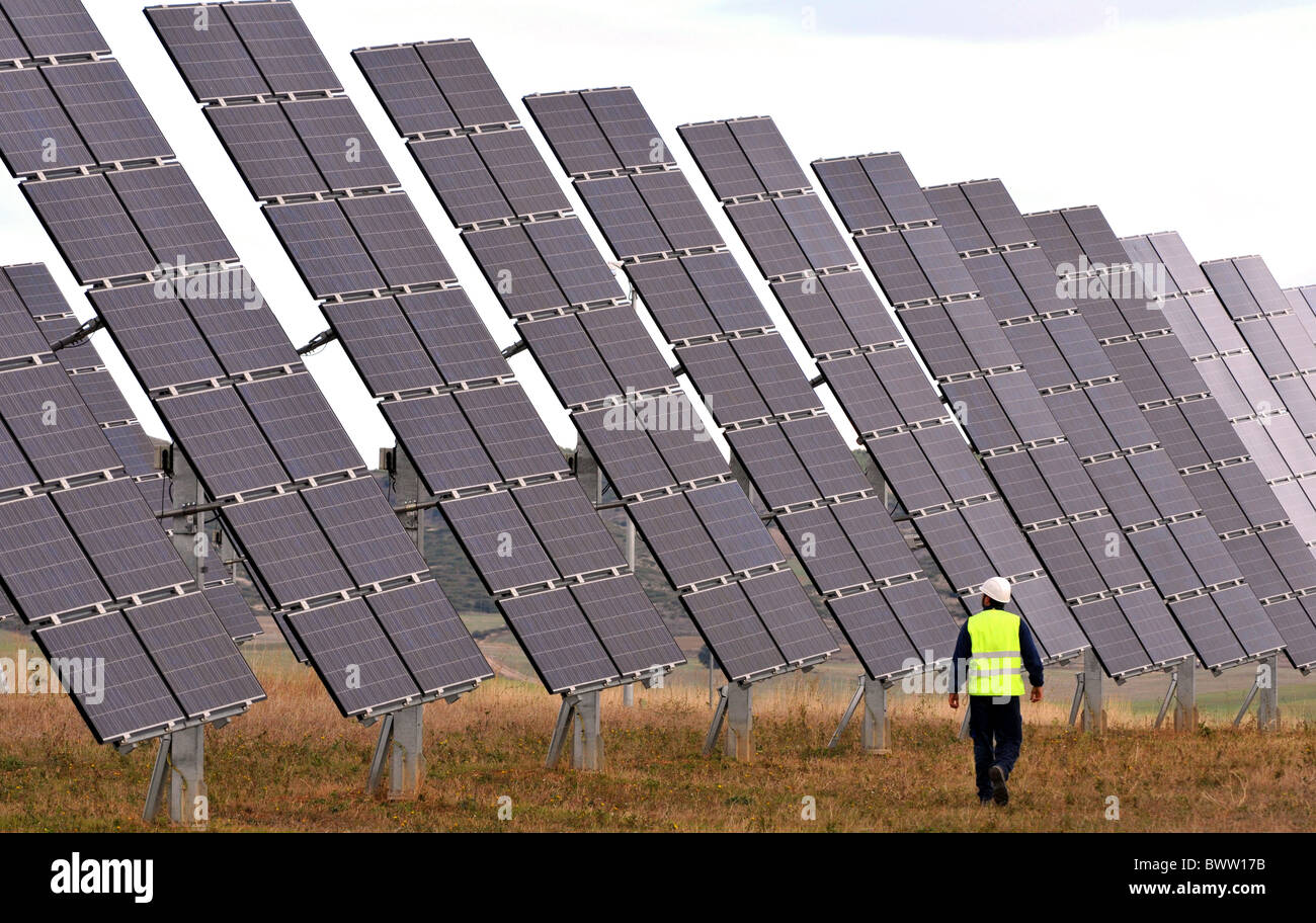 Solar power farm, solar power park complex at Los Arcos, Navarra, Spain Stock Photo