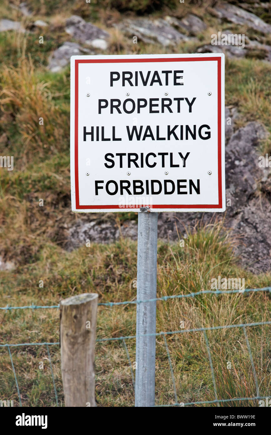 Private Property, Hillwalking strictly forbidden sign. Moll's Gap, County Kerry, Munster, Ireland. Stock Photo