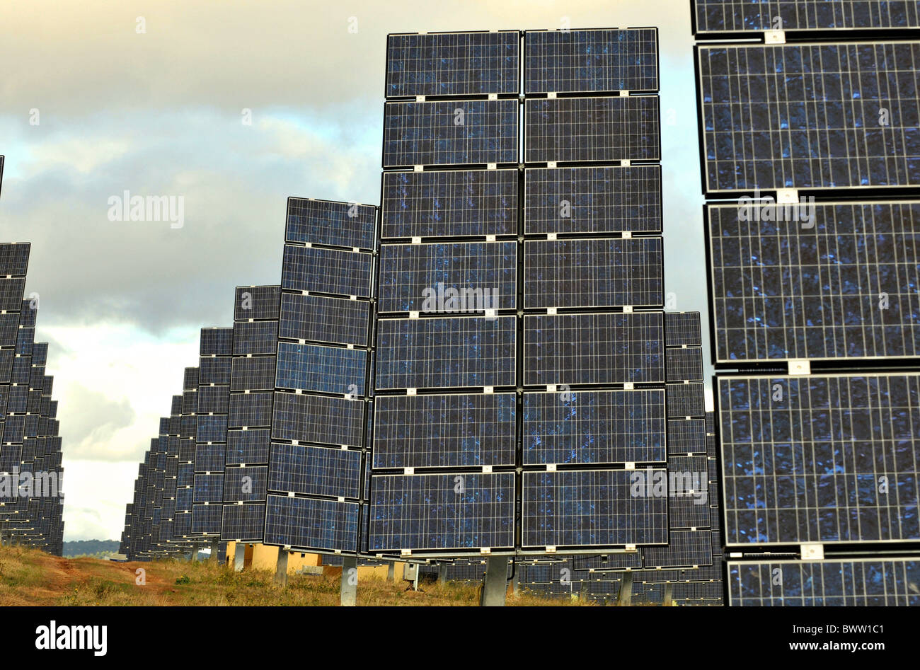 Solar power farm, solar power park complex at Los Arcos, Navarra, Spain Stock Photo